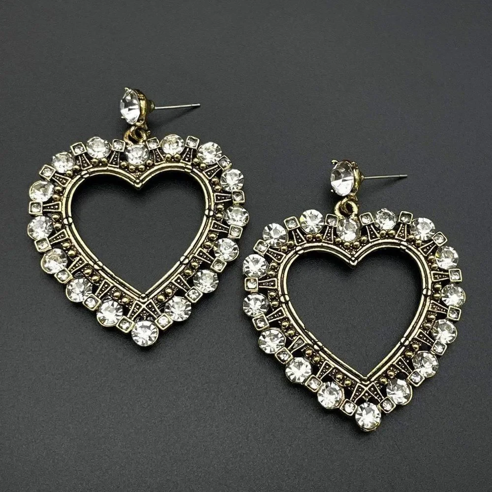 Antique Yellow Gold with White Diamond Crystal Open Heart Dangling Post Earrings